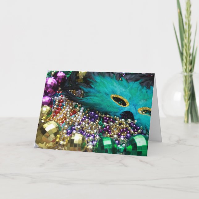 Mardi Gras Beads & Green Fether Mask Card Karte (Vorderseite)