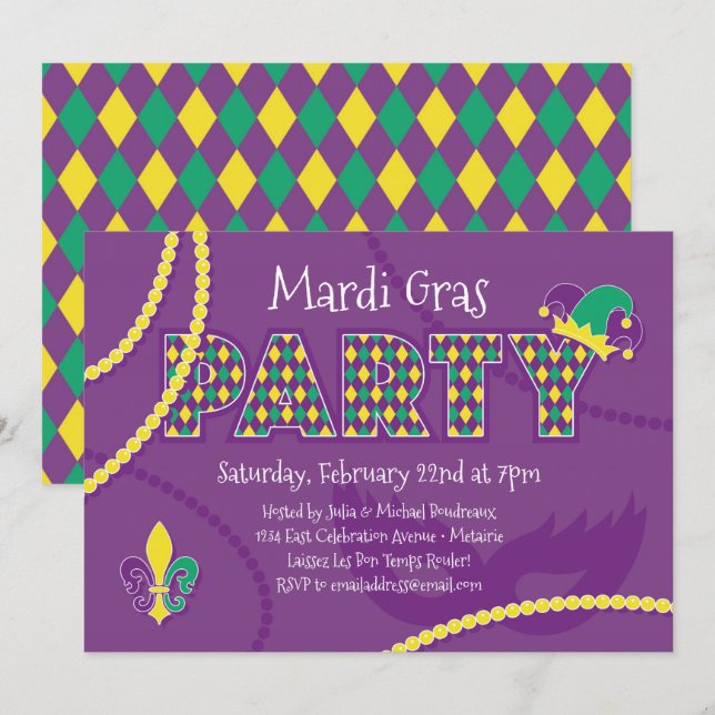 Mardi Gras Beads Party Einladung (Vorne/Hinten)