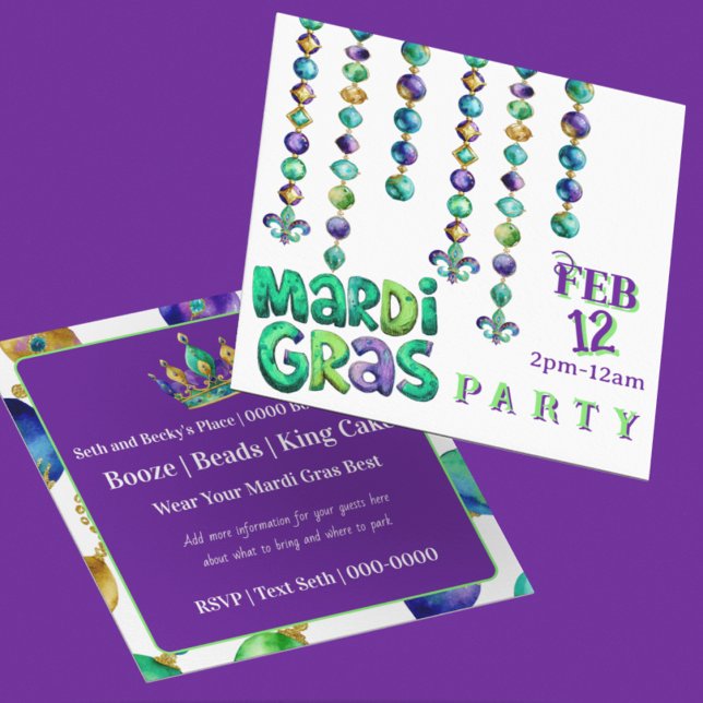 Mardi Gras Beads Party Einladung (Personalize the front and reverse of this Mardi Gras Party invitation featuring mardi gras beads)