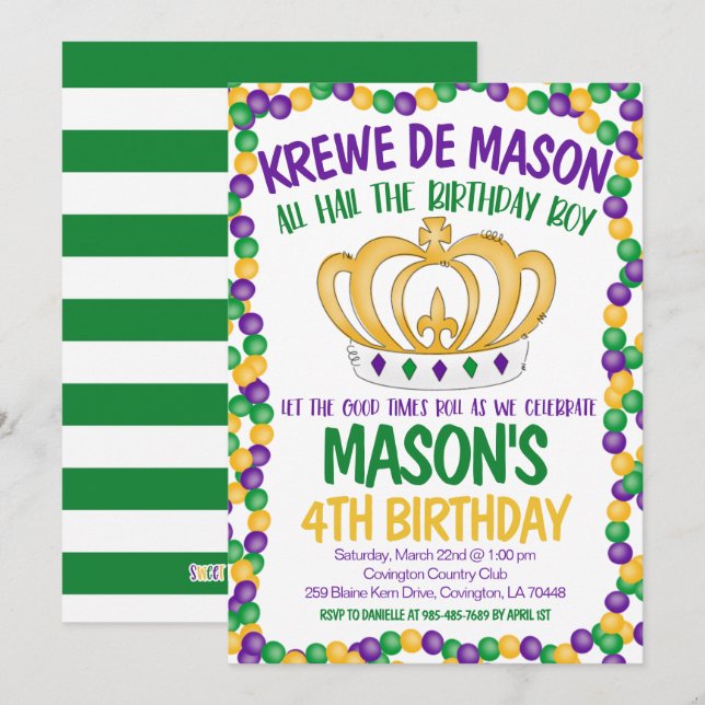 Mardi Gras Birthday Einladung (Vorne/Hinten)