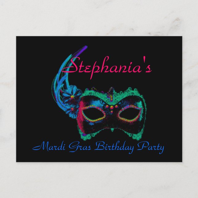 "Mardi Gras Birthday" - Maske in blau/grün [a] Postkarte (Vorderseite)