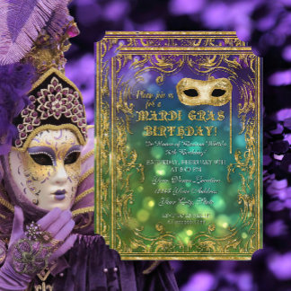 Mardi Gras Birthday Masquerade Mask Bokeh Gold Einladung