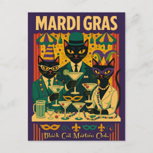 Mardi Gras Black Cat Martini Club Trio Postkarte