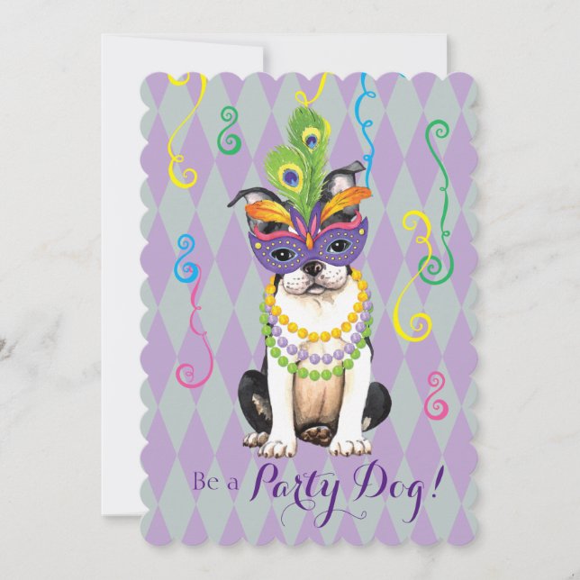 Mardi Gras Boston Terrier Einladung (Vorderseite)