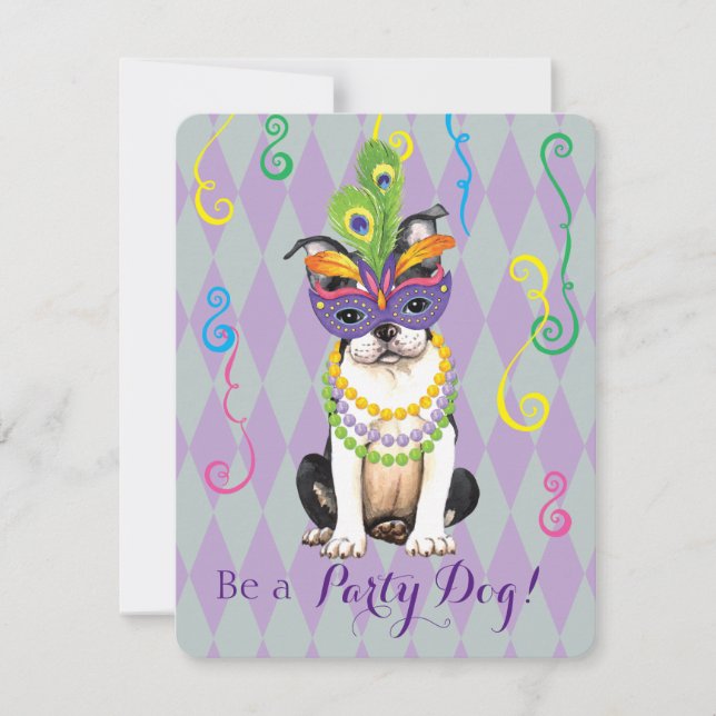 Mardi Gras Boston Terrier Einladung (Vorderseite)