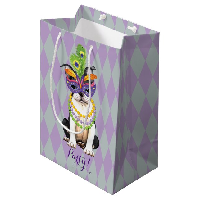 Mardi Gras Boston Terrier Mittlere Geschenktüte (Vorderseite Schrägansicht)