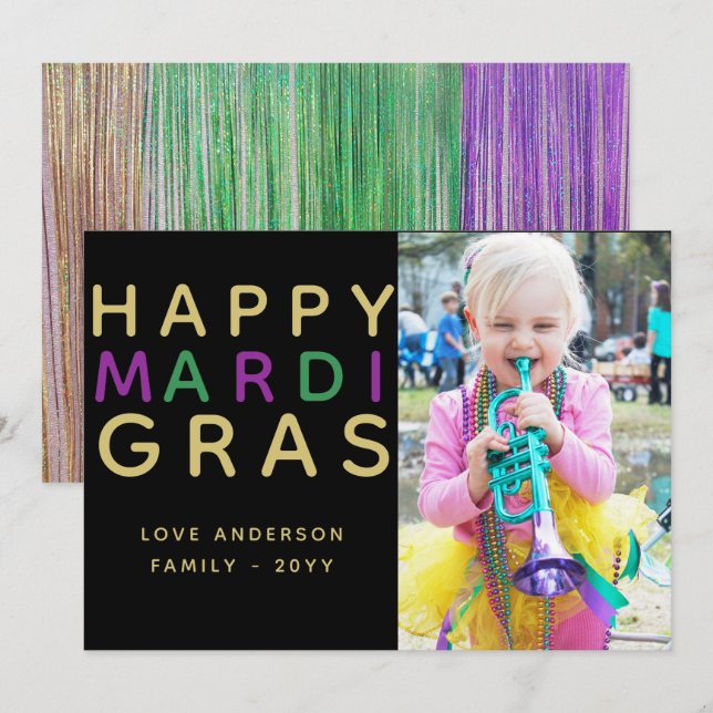 Mardi Gras Carte photo - Moderne violet vert or (Devant / Derrière)