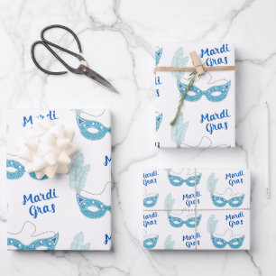 Mardi Gras Celebration Blue Masks Feathers Geschenkpapier Set