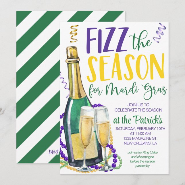 Mardi Gras Champagne Einladung (Vorne/Hinten)
