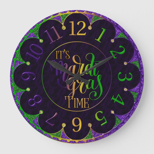 Mardi Gras Clock, farbenfroh ist Mardi Gras Time Große Wanduhr (Vorderseite)