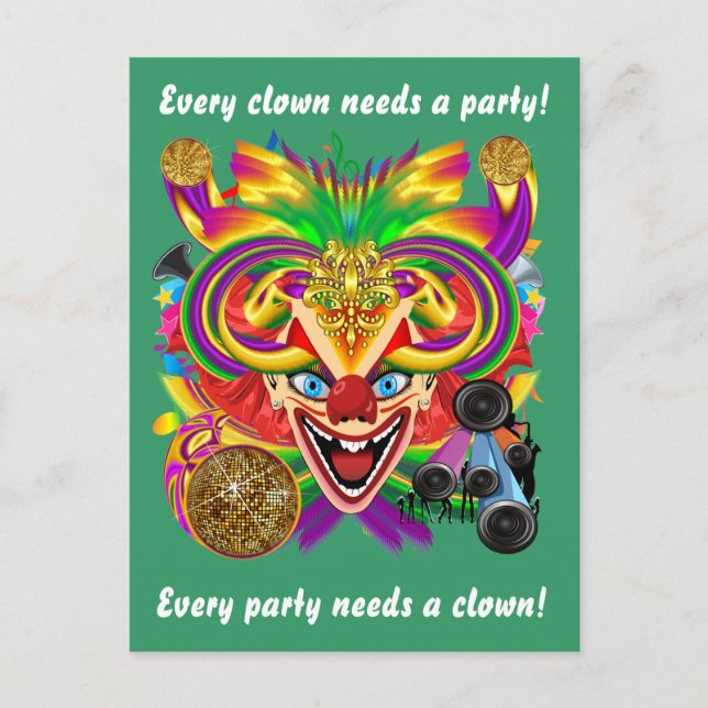 Mardi Gras Clown View Notes bitte Einladungspostkarte (Vorderseite)