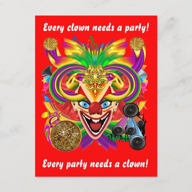 Mardi Gras Clown View Notes bitte Einladungspostkarte (Vorderseite)