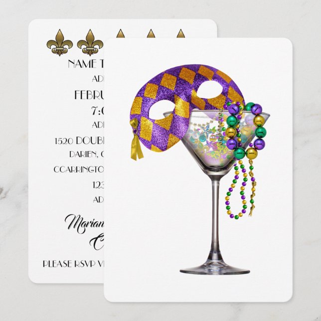 Mardi Gras - Cocktail Party Einladung (Vorne/Hinten)
