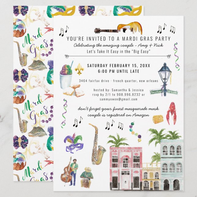 Mardi Gras Coupels Einladung zur Dusche (Vorne/Hinten)
