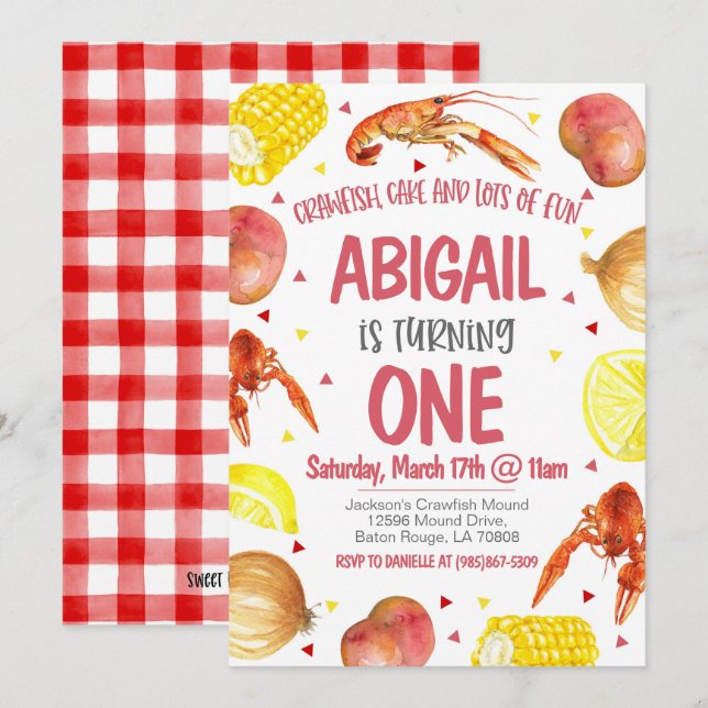 Mardi Gras Crawfish Einladung zum ersten Geburtsta (Vorne/Hinten)