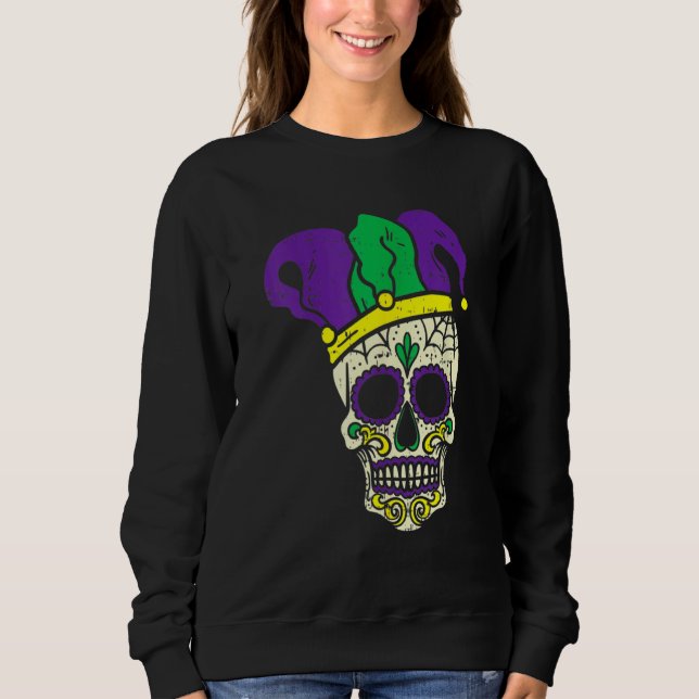 Mardi Gras Cute Skull Jester Hat Masked Beads Fest Sweatshirt (Vorderseite)