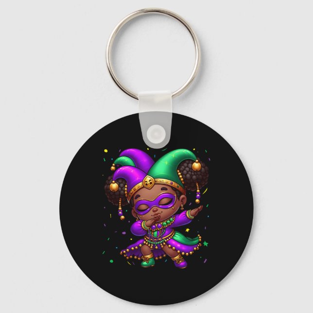 Mardi Gras Dabbing Niedlich Black Girl Jester Hat  Schlüsselanhänger (Vorderseite)