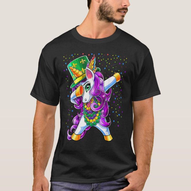 Mardi Gras Dabbing Unicorn Jester Hat Bead Costume T-Shirt (Vorderseite)