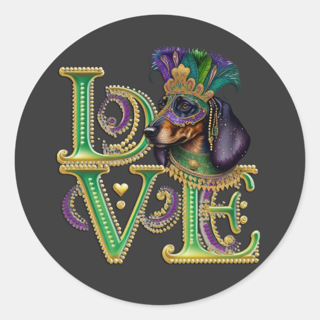 Mardi Gras Dackel Word LIEBE Masquerade Runder Aufkleber (Vorderseite)