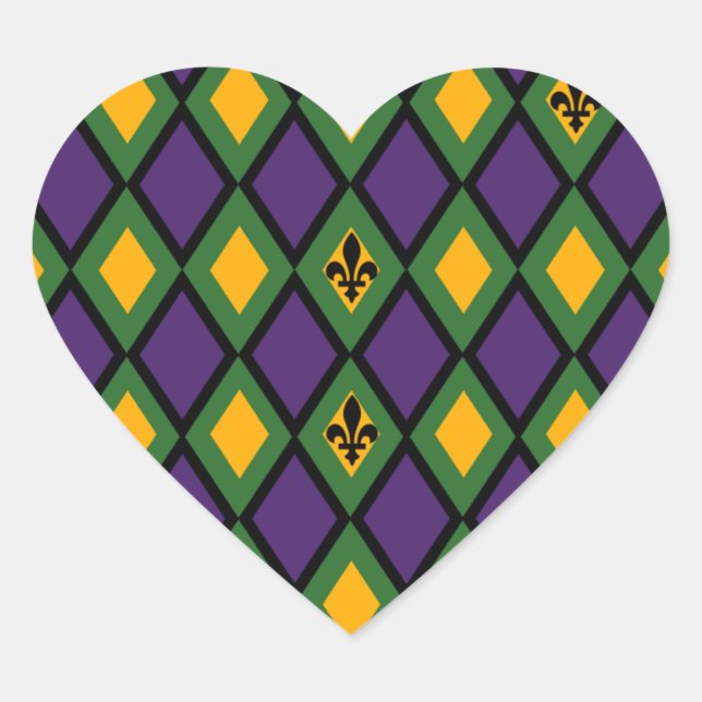 Mardi Gras Diamond-Muster mit Lilie Herz-Aufkleber (Vorderseite)