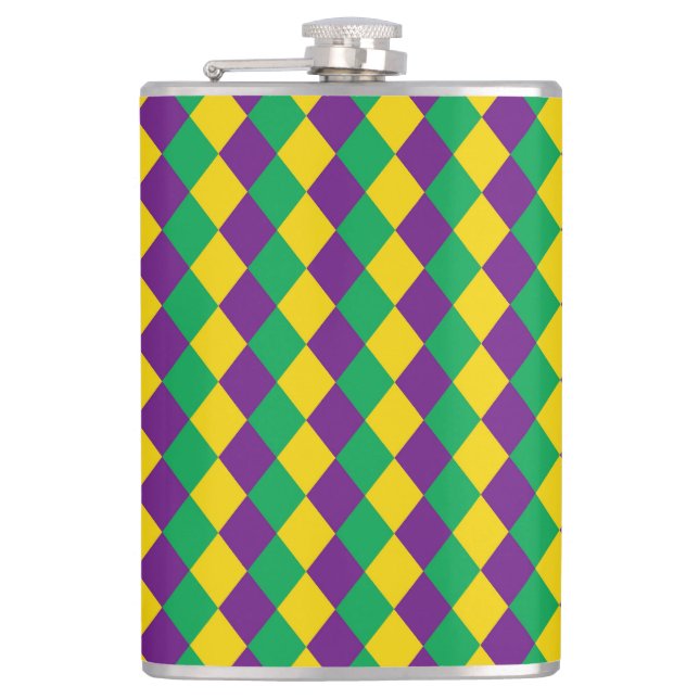 Mardi Gras Diamonds: Lebhaftes, festes Muster Flachmann (Vorderseite)