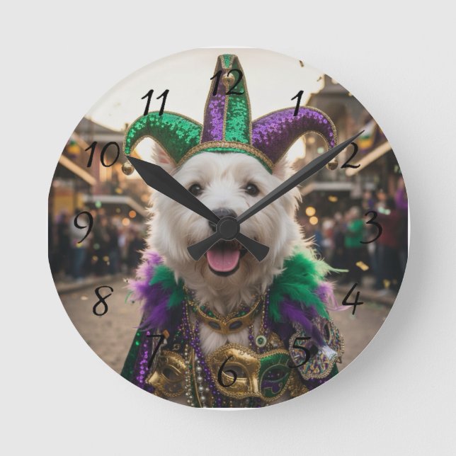 Mardi Gras Dog Jester Costume Runde Wanduhr (Vorderseite)