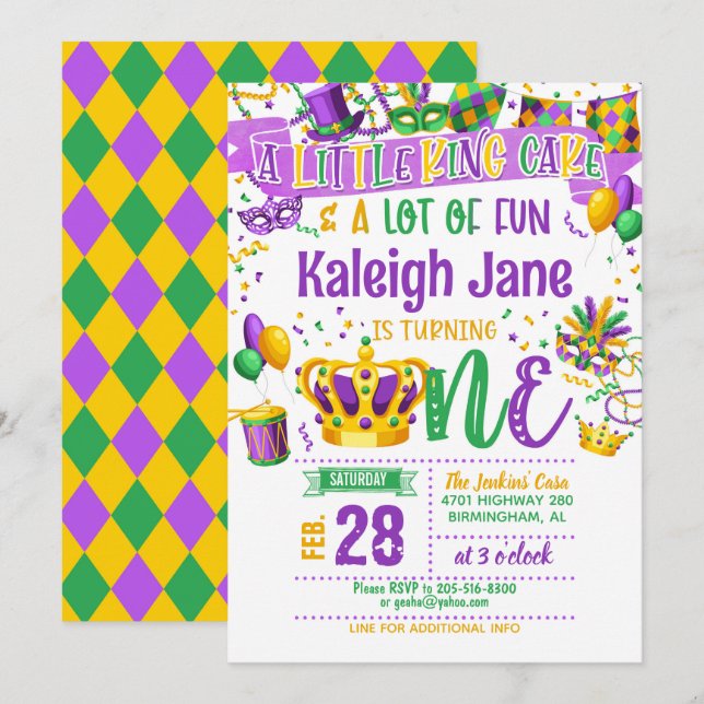 Mardi Gras Einladung zum ersten Geburtstag (Vorne/Hinten)