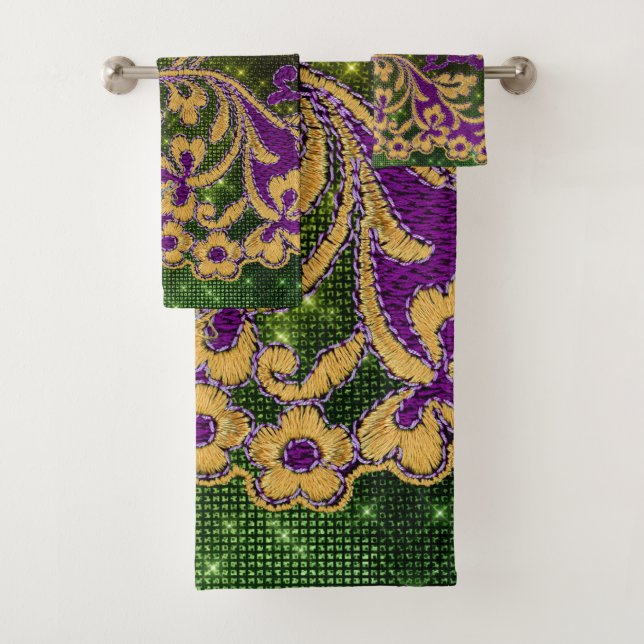 Mardi Gras Embroidery Floral Designer Badhandtuch Set (Insitu)
