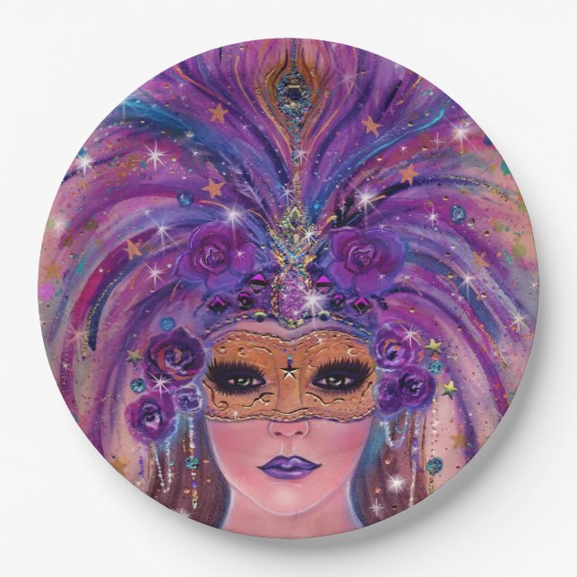 Mardi Gras Fantasiefrau in Maske von Renee Lavoie Pappteller (Vorderseite)