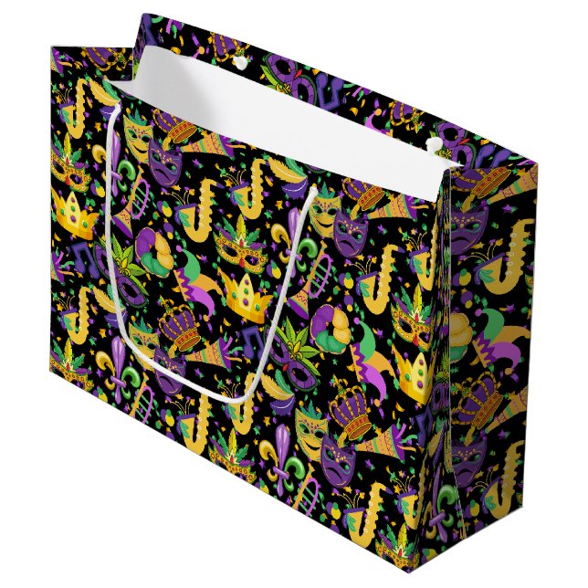 Mardi gras Farben Schwarz BG Große Geschenktüte (Vorderseite Schrägansicht)