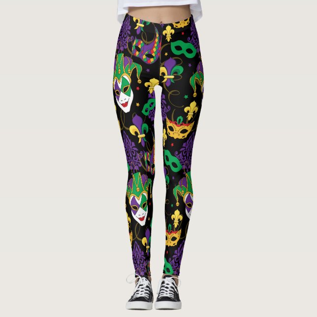 Mardi Gras farbenfrohe Karnevalsmuster Leggings (Vorderseite)