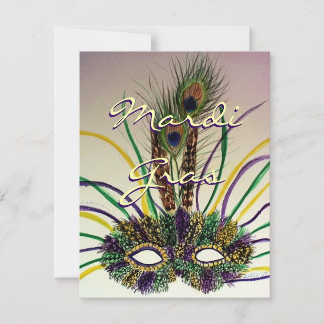 Mardi Gras Feather Mask Individuelles Party Einlad Einladung (Vorderseite)
