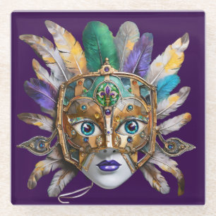 Mardi Gras Feather und Metallmaske Glasuntersetzer