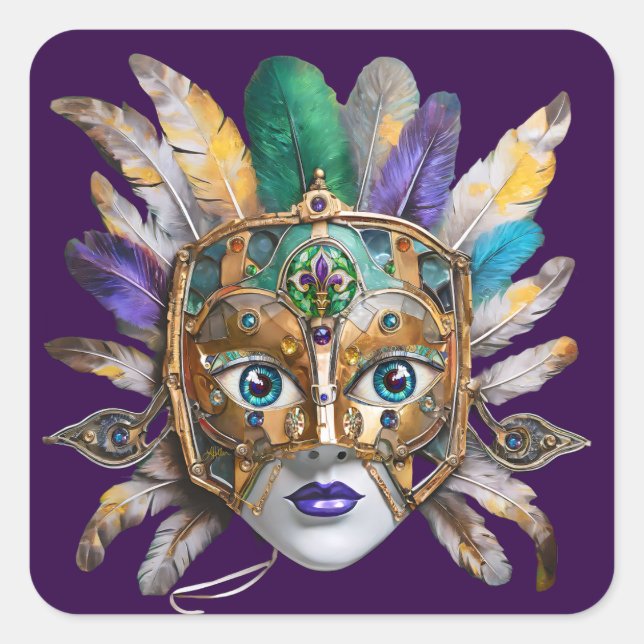 Mardi Gras Feather und Metallmaske Quadratischer Aufkleber (Vorderseite)