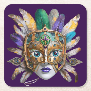 Mardi Gras Feather und Metallmaske Rechteckiger Pappuntersetzer