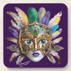 Mardi Gras-Feder- und Metallmaske Getränkeuntersetzer