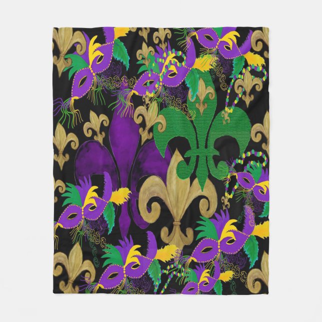 Mardi Gras fleur de lis und Masken Fleecedecke (Vorderseite)