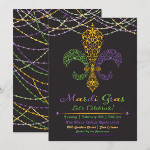 Mardi Gras Fleur DeLis Party Einladung auf Schwarz