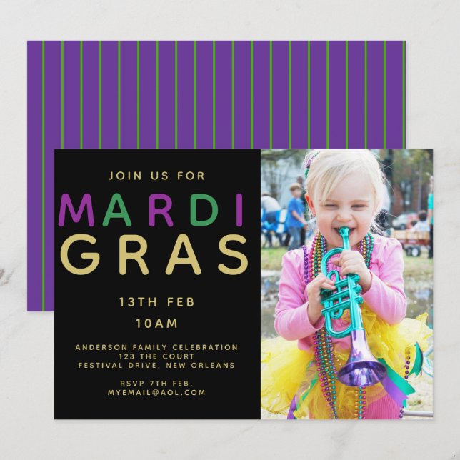 Mardi Gras Foto Einladung - Modernes Lila Grün (Vorne/Hinten)