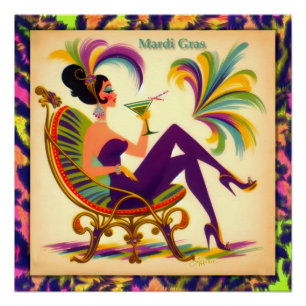 Mardi Gras Frau Mitte des Jahrhunderts mit Martini Poster