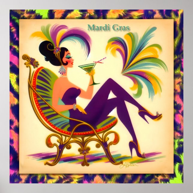 Mardi Gras Frau Mitte des Jahrhunderts mit Martini Poster (Vorne)