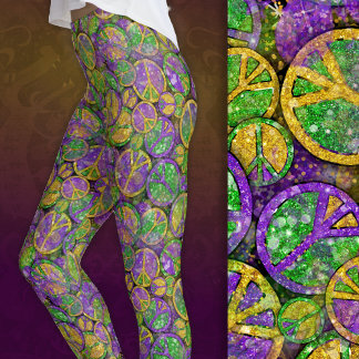Mardi Gras Friedenszeichen in Lila, Grün und Gold Leggings