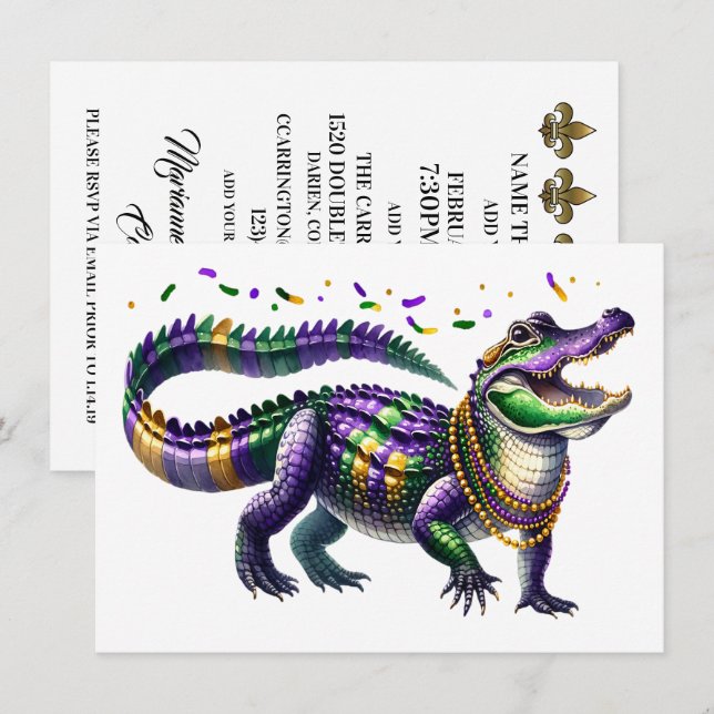 Mardi Gras Gator Einladung (Vorne/Hinten)
