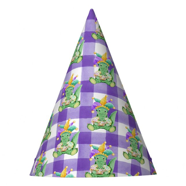 Mardi Gras Gators und Gingham Paper Partyhütchen (Vorderseite)