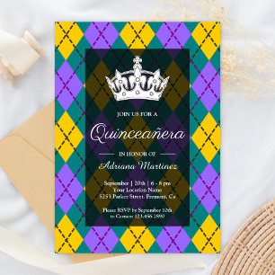 Mardi Gras Gelbe Lila Raute Krone Quinceanera Einladung