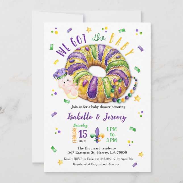 Mardi Gras Gender Reveal Lt Skin Tone Invitation Einladung (Vorderseite)