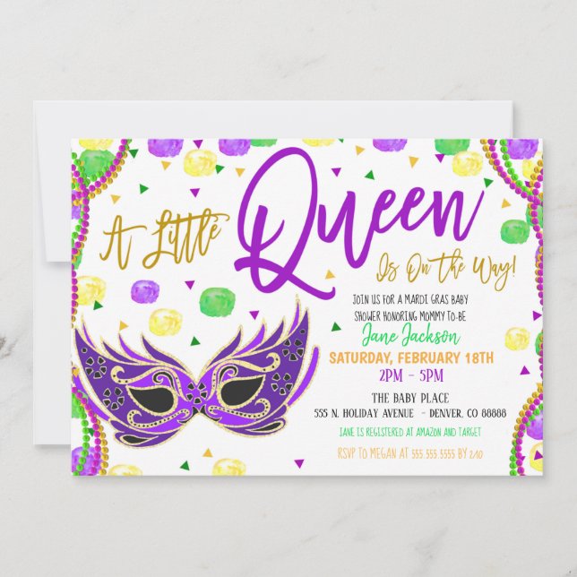 Mardi Gras Girl Baby Shower Einladung (Vorderseite)