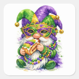 Mardi Gras-Gnom, der King Cake isst Quadratischer Aufkleber