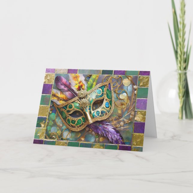 Mardi Gras Gold & Green Feathful Maske Dankeskarte (Vorderseite)