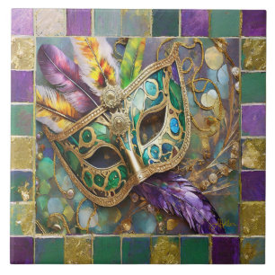 Mardi Gras Gold & Green Feathful Maske Fliese